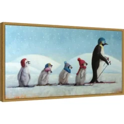 26" X 14" Ski School Penguins By Lucia Heffernan Framed Canvas Wall Art - Amanti Art