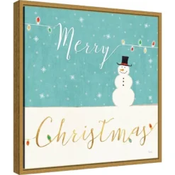 16" X 16" Merry Christmas Snowman By Veronique Charron Framed Canvas Wall Art - Amanti Art